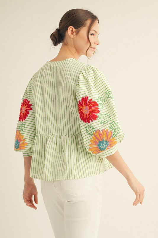 Embroidered Stripe Babydoll Top
