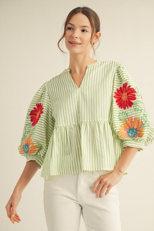 Embroidered Stripe Babydoll Top