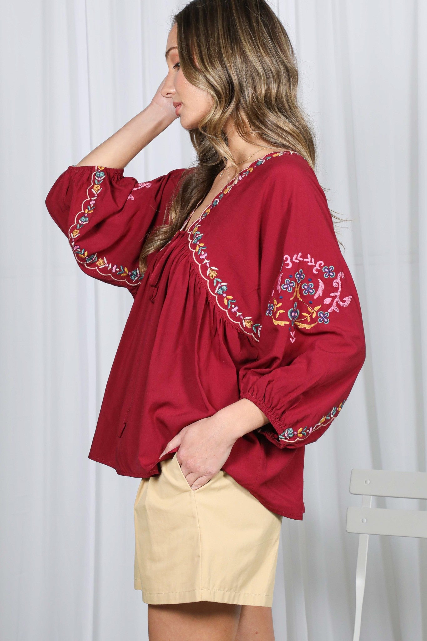 3/4 Puff Sleeve Floral Embroidered Blouse Top