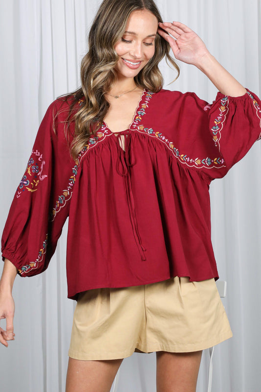3/4 Puff Sleeve Floral Embroidered Blouse Top