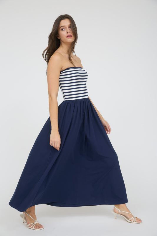 Stripe Knit Top Woven Skirt Mix Media Midi Dress