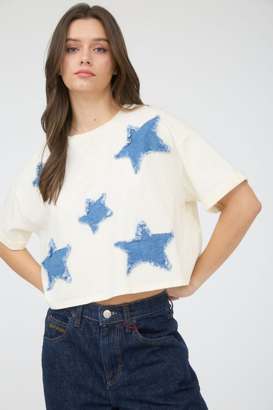 Denim Star Patch Short Sleeve Knit T-Shirt
