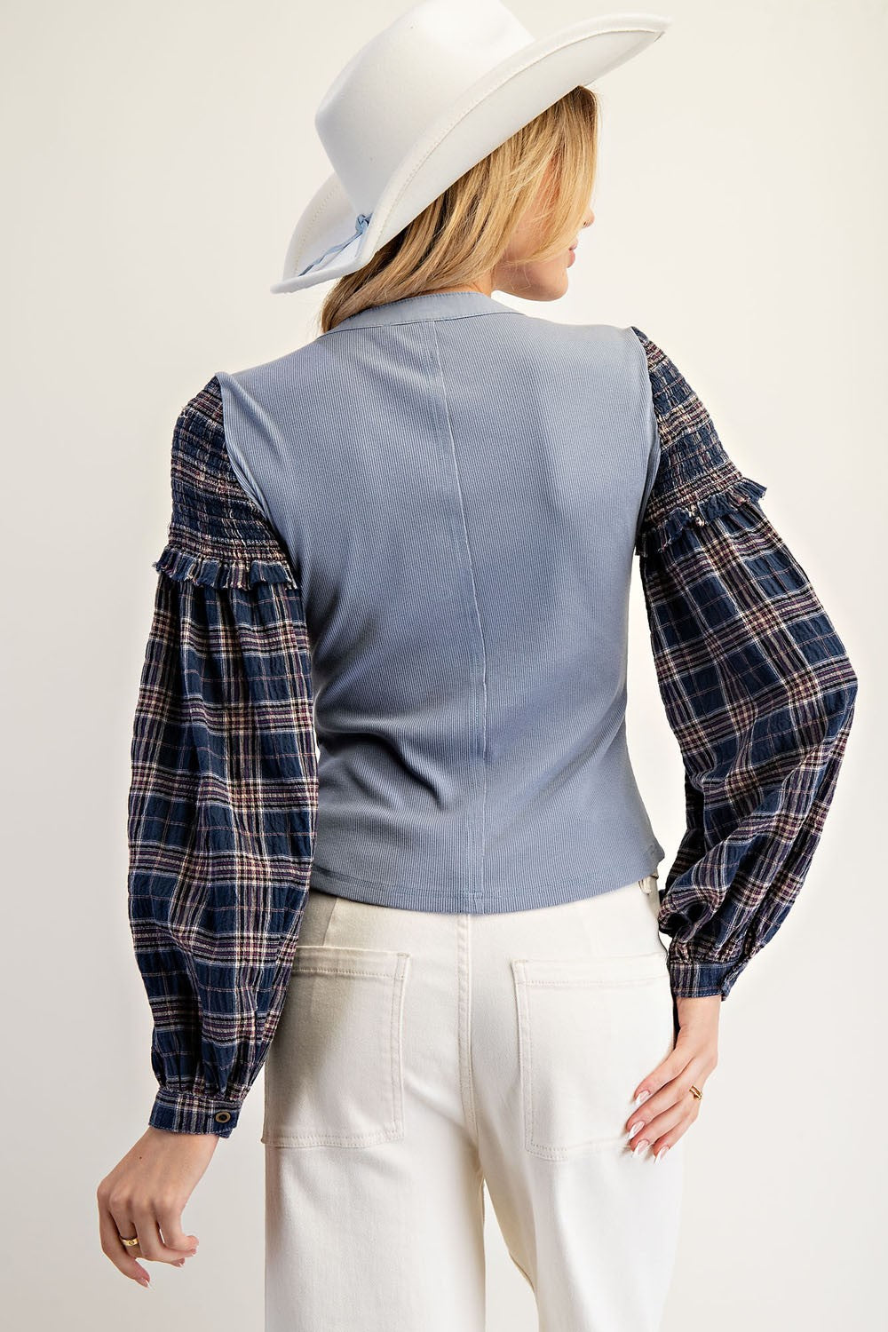 Mineral Washed Plaid Balloon Sleeve Henley Top