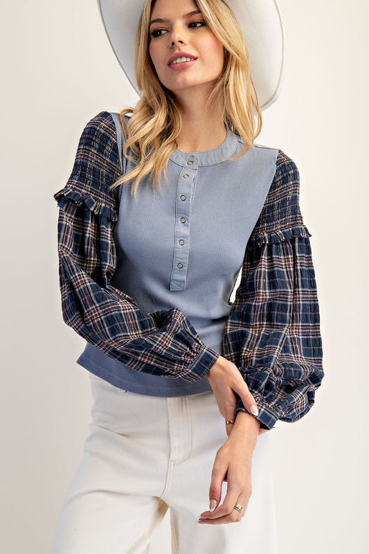Mineral Washed Plaid Balloon Sleeve Henley Top