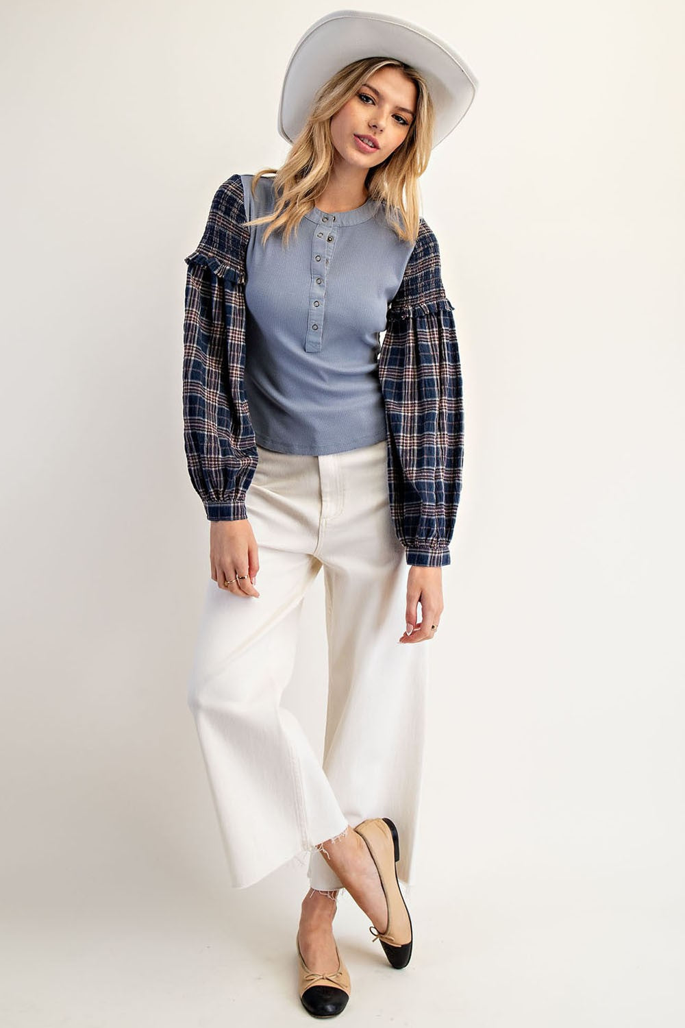 Mineral Washed Plaid Balloon Sleeve Henley Top