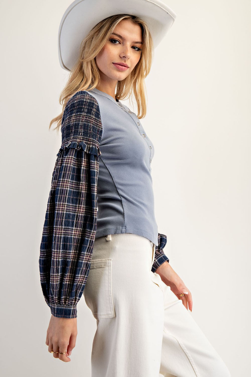 Mineral Washed Plaid Balloon Sleeve Henley Top