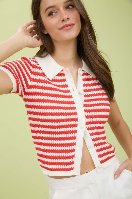 Stripe Collared Short Sleeve Cropped Knit Cardigan