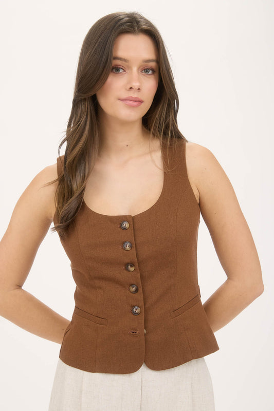 Scoop Neck Button Down Sleeveless Linen Top
