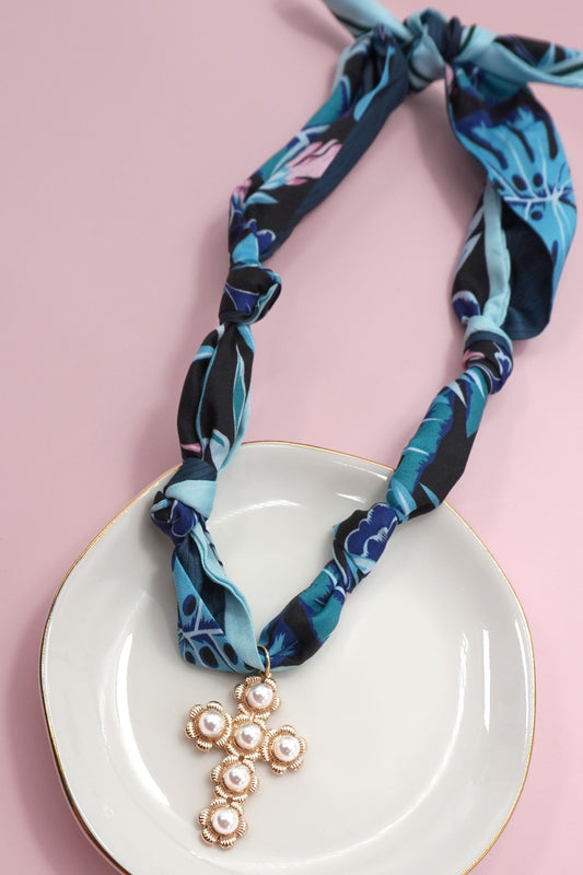 Handmade Pearl Cross Scarf Necklace