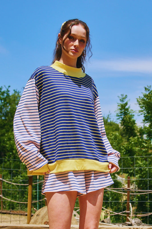 Stripe Ribbed Contrast Mock Neck Sweatshirt