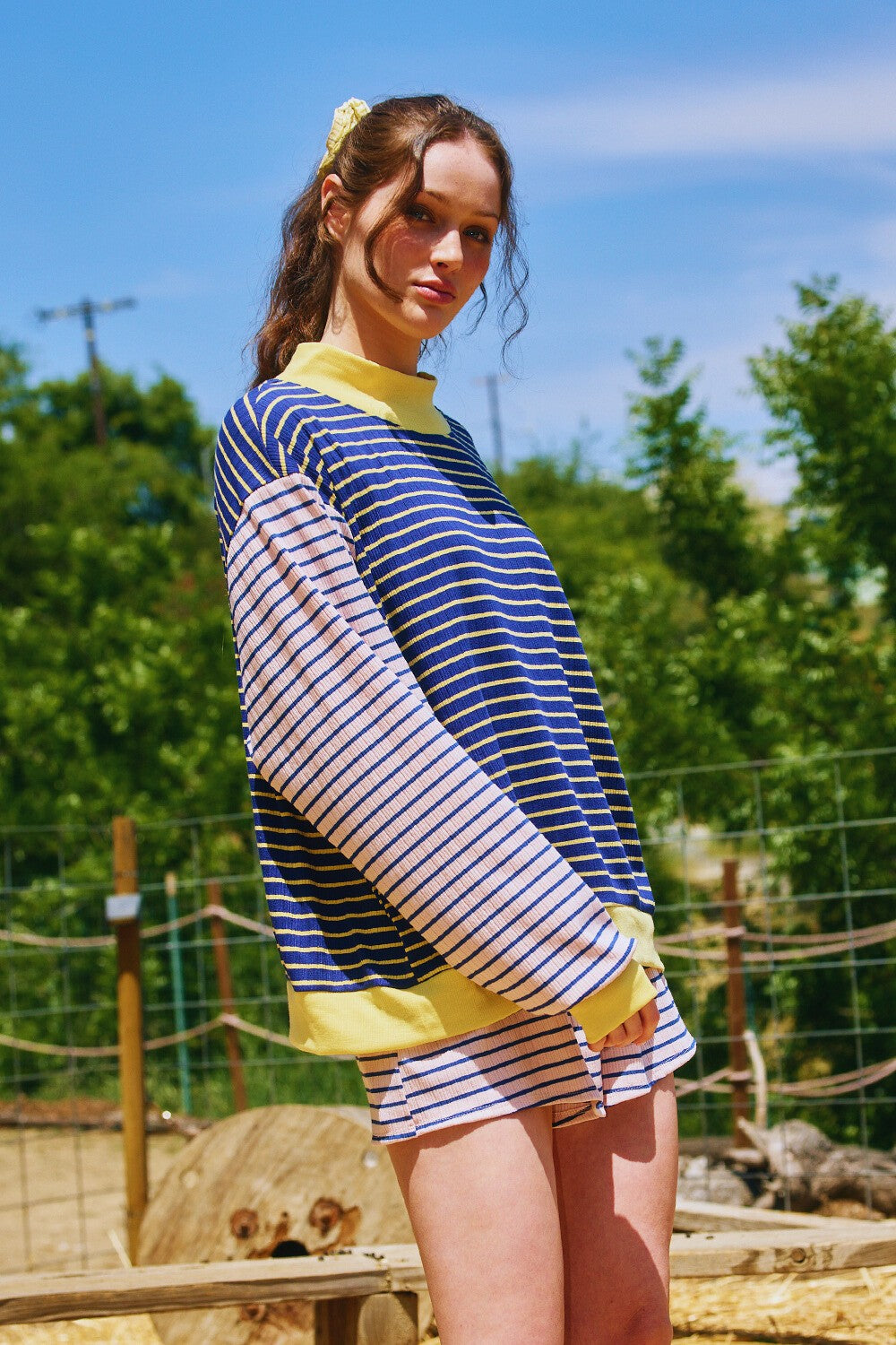 Stripe Ribbed Contrast Mock Neck Sweatshirt