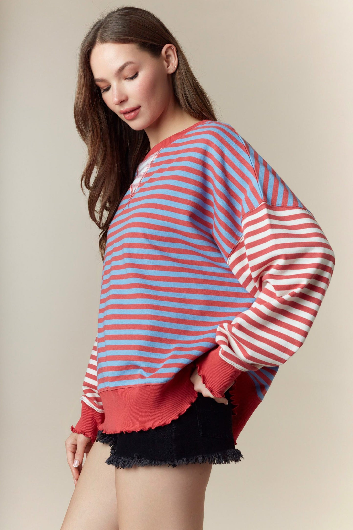 Color Block Striped Lettuce Hem Detail Sweatshirt