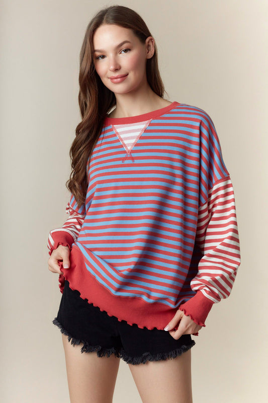 Color Block Striped Lettuce Hem Detail Sweatshirt