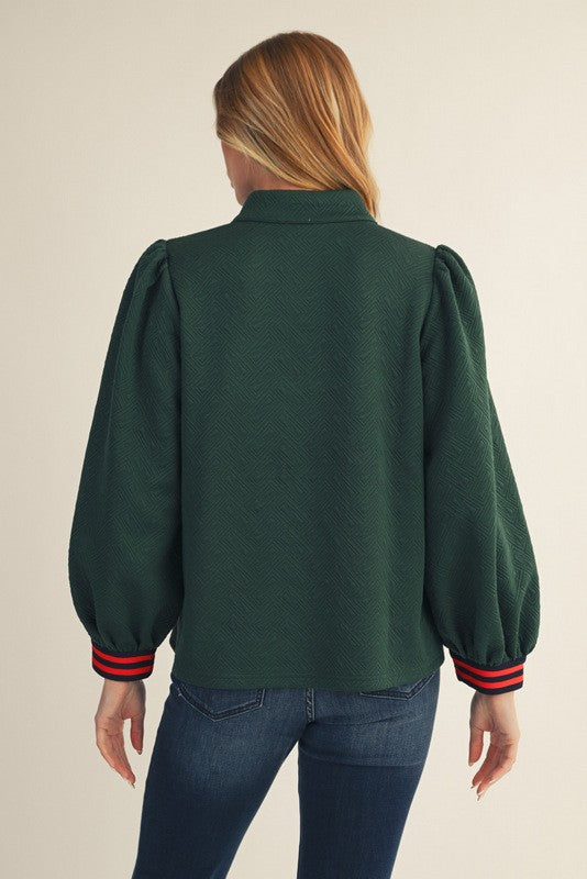 Textured Fabric Mock Neck Zip Up Top