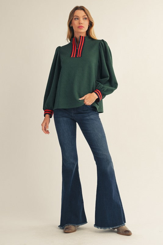 Textured Fabric Mock Neck Zip Up Top