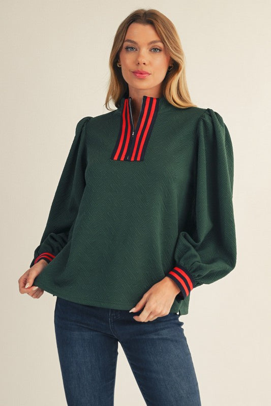 Textured Fabric Mock Neck Zip Up Top