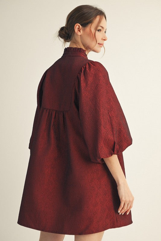 Solid Textured Balloon Sleeves Babydoll Dress