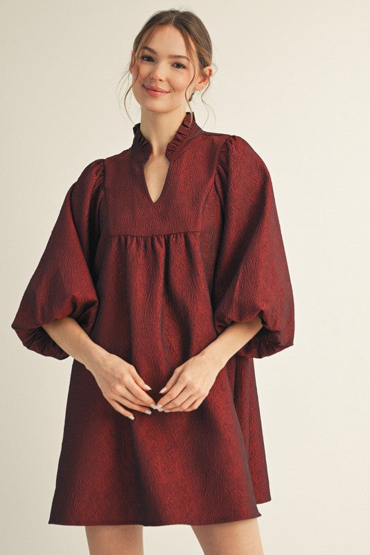 Solid Textured Balloon Sleeves Babydoll Dress