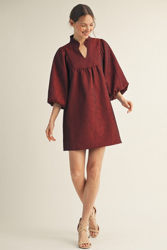 Solid Textured Balloon Sleeves Babydoll Dress