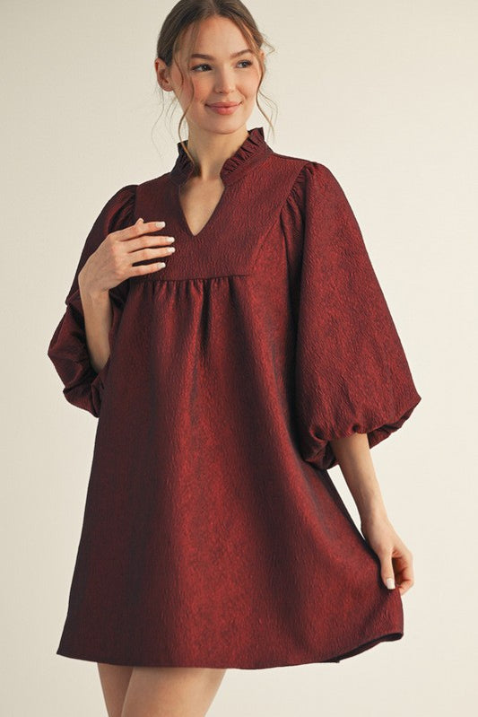 Solid Textured Balloon Sleeves Babydoll Dress