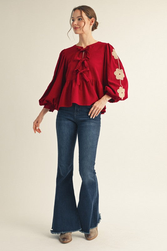 Front Bow Tie Embroidered Peplum Top
