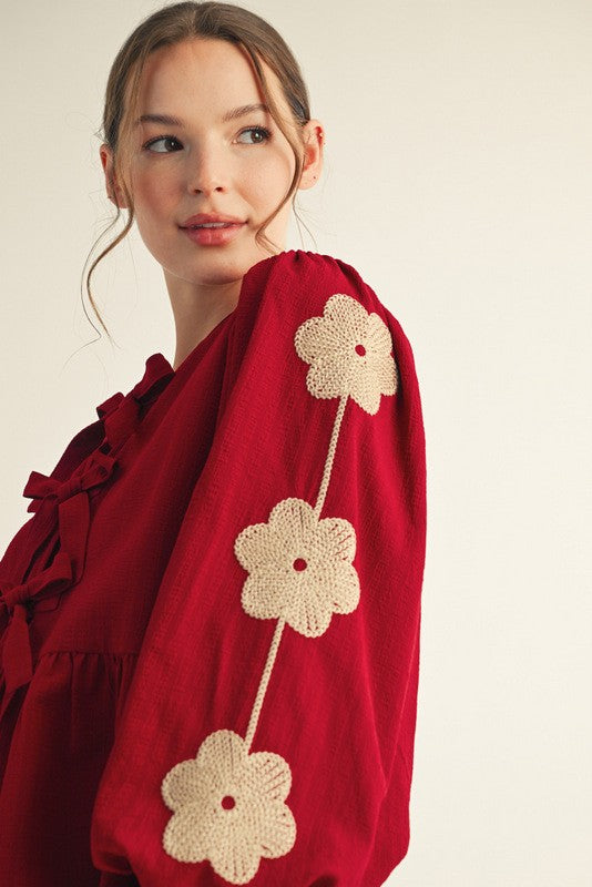 Front Bow Tie Embroidered Peplum Top