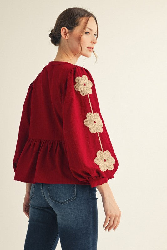 Front Bow Tie Embroidered Peplum Top