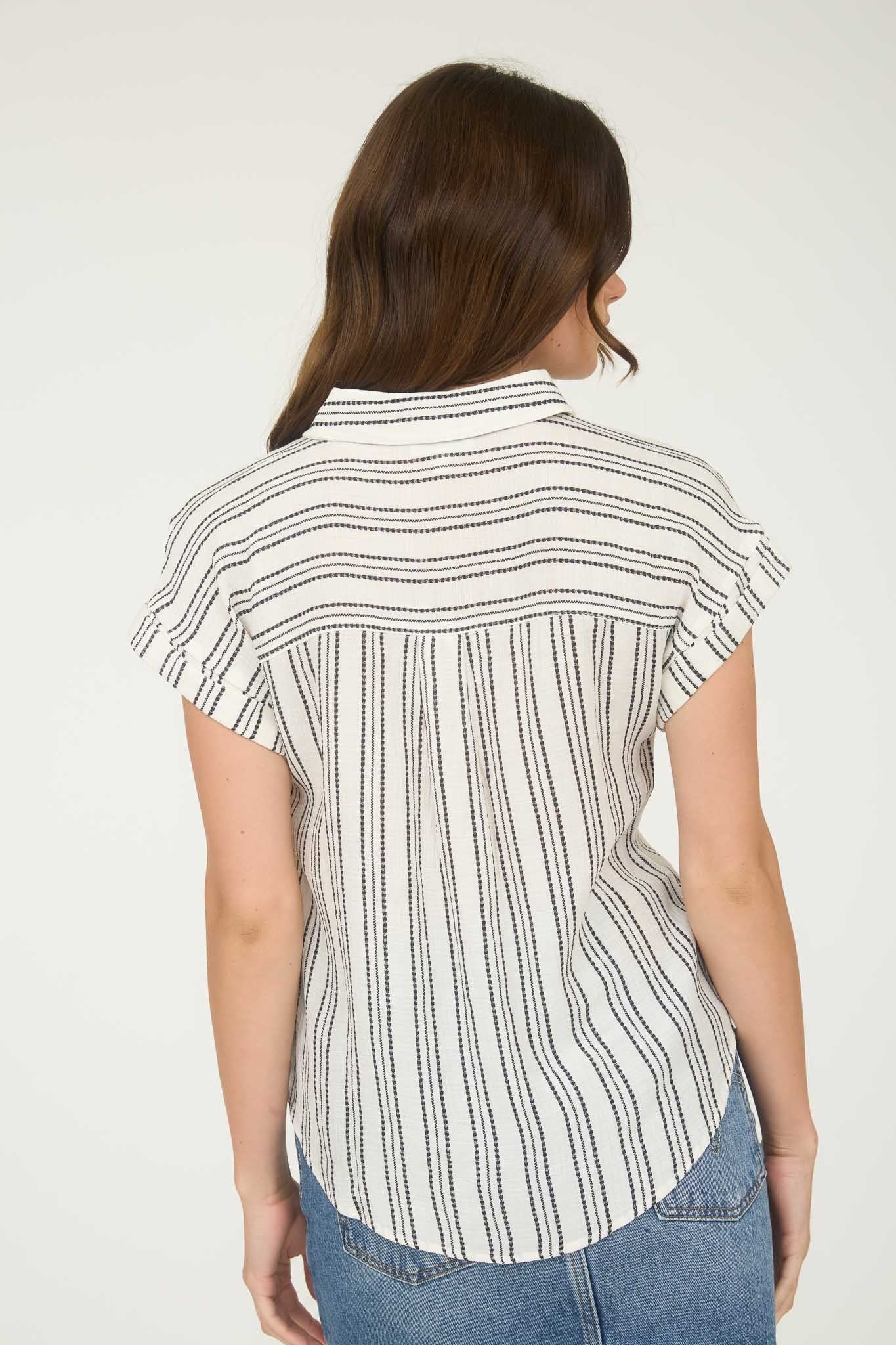 Stripe Half Button Collared Short Sleeve Shirt