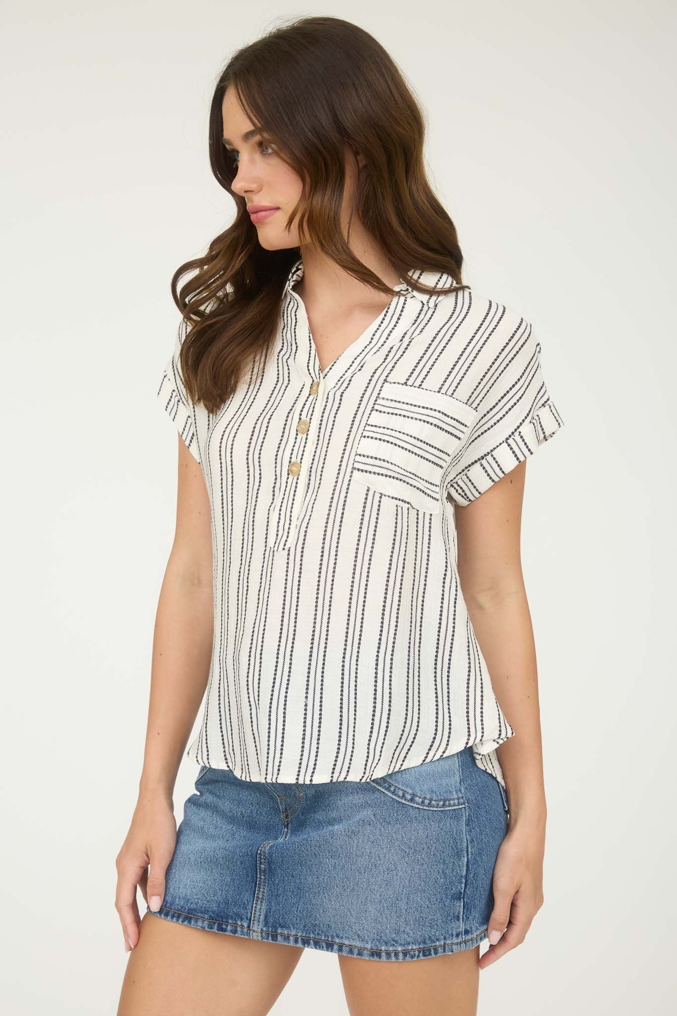 Stripe Half Button Collared Short Sleeve Shirt