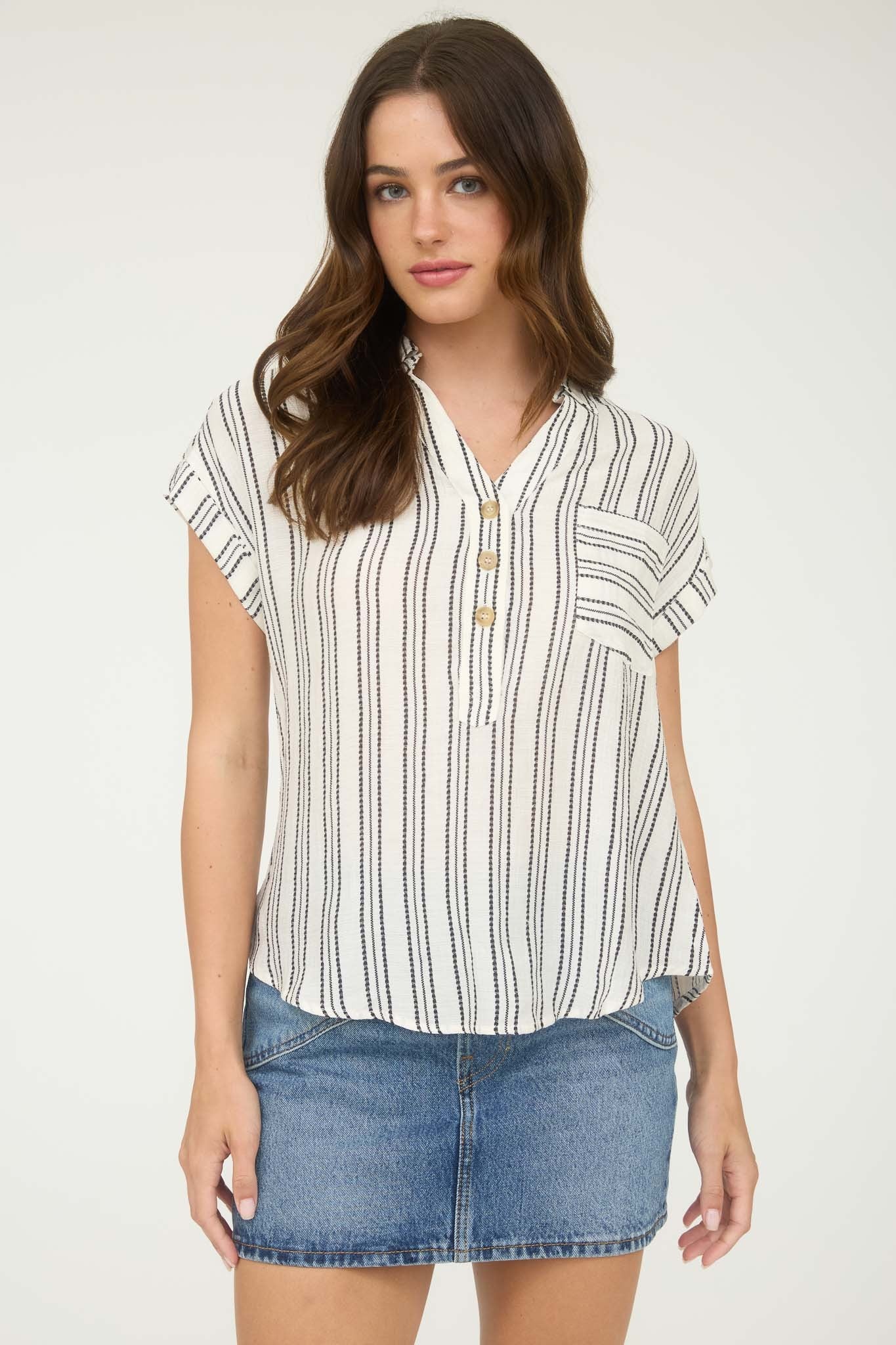 Stripe Half Button Collared Short Sleeve Shirt