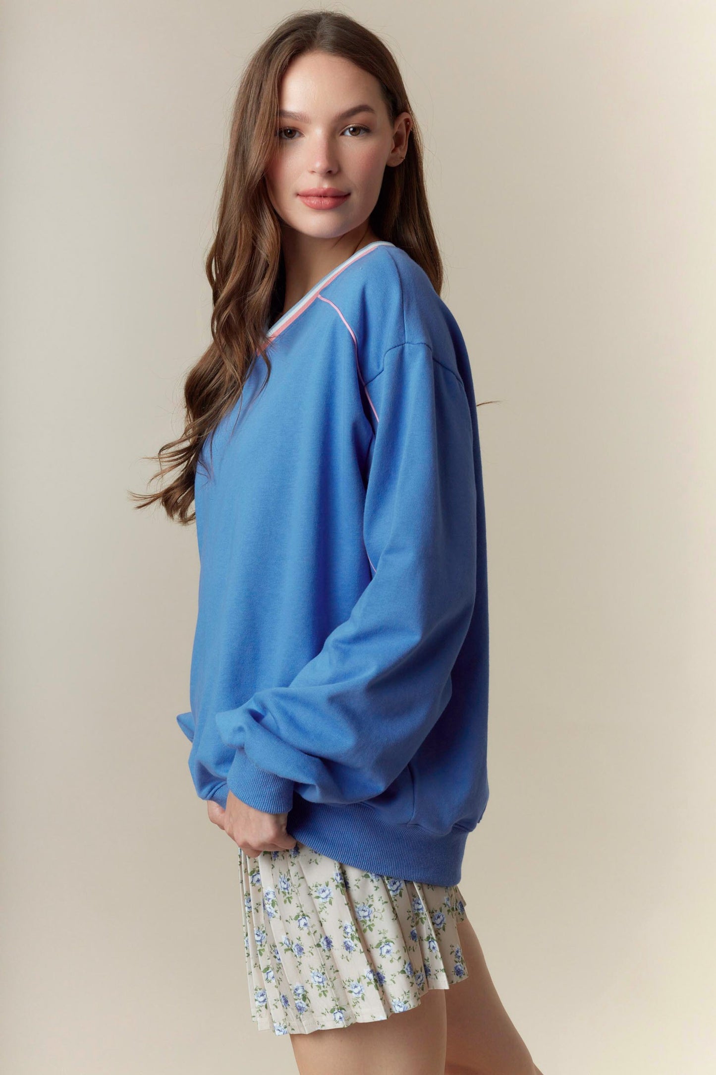 Stripe Rib With Piping Detail V-Neck Sweatshirt