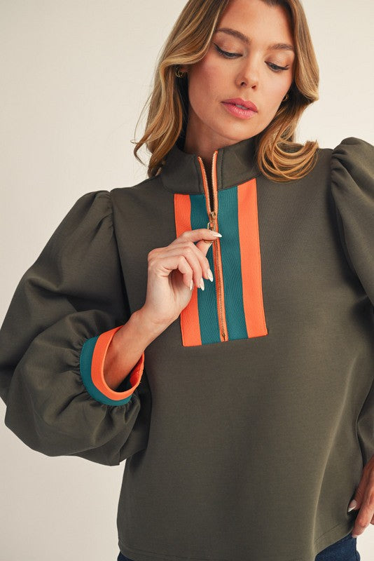 Color Rib Band Accent Front Zip Up Top