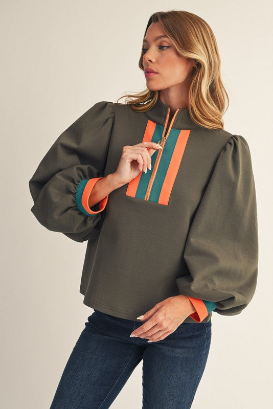 Color Rib Band Accent Front Zip Up Top