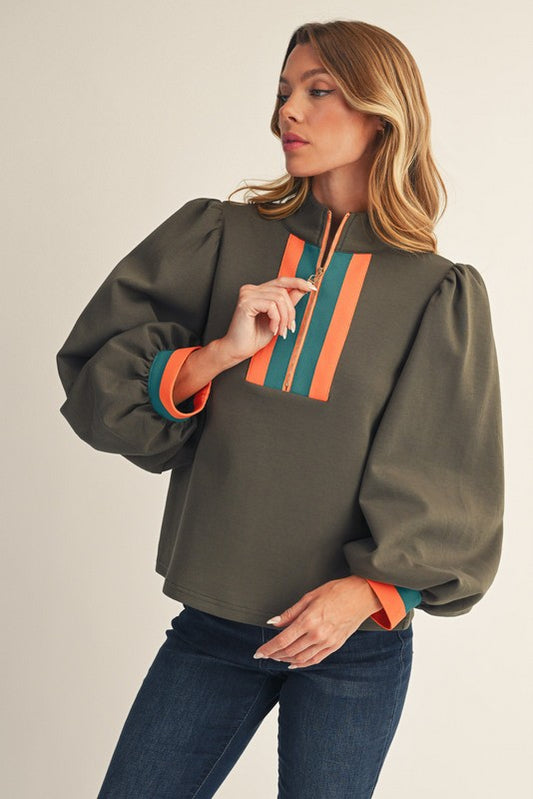 Color Rib Band Accent Front Zip Up Top