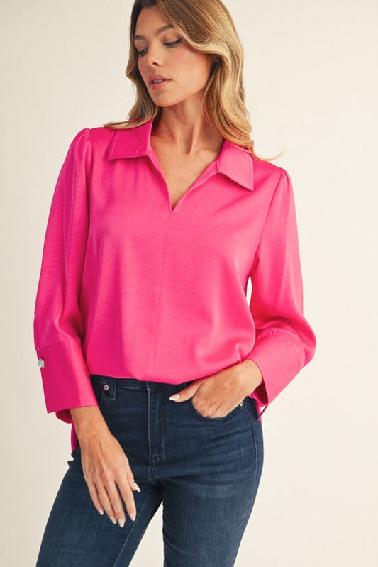 Pearl Cuff Button Accent Satin Top