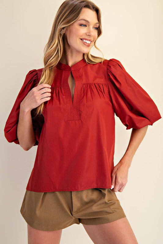 Mandarin Collar V-neck Bubble Sleeve Poplin Top