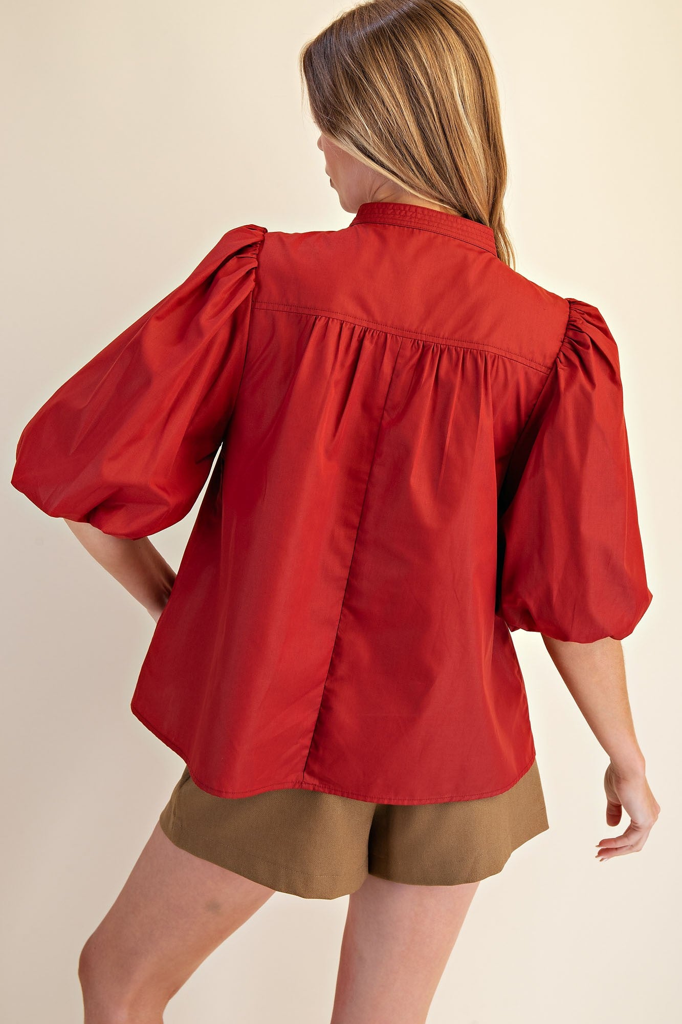 Mandarin Collar V-neck Bubble Sleeve Poplin Top