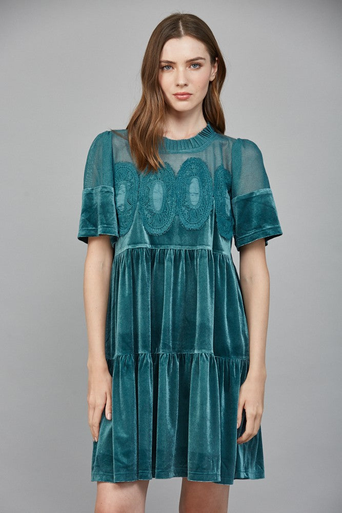 Lace Detail Velvet Babydoll Dress