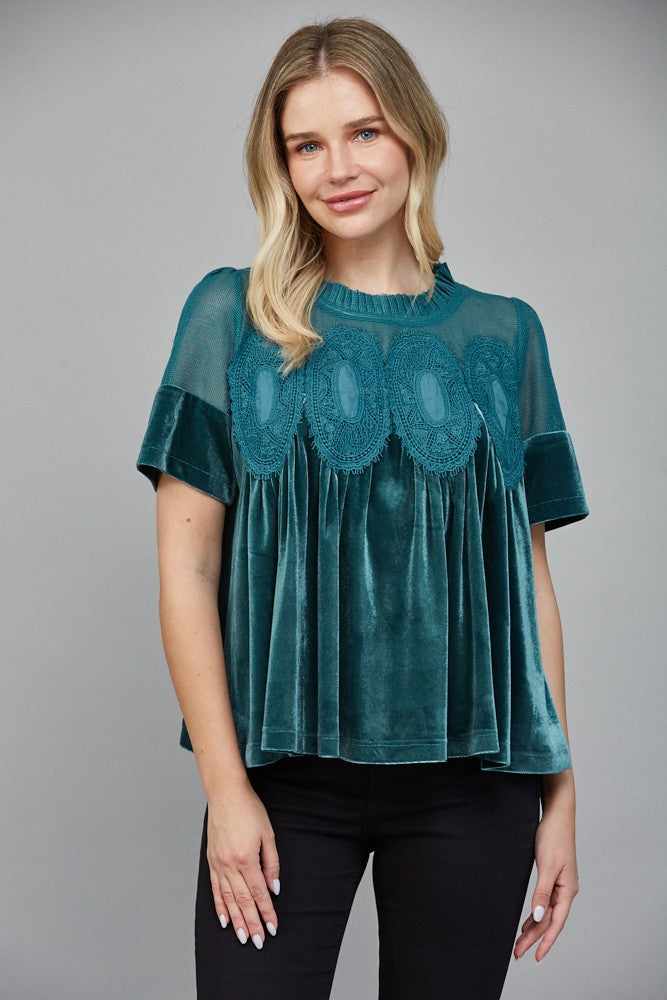 Lace Detail Velvet Babydoll Top