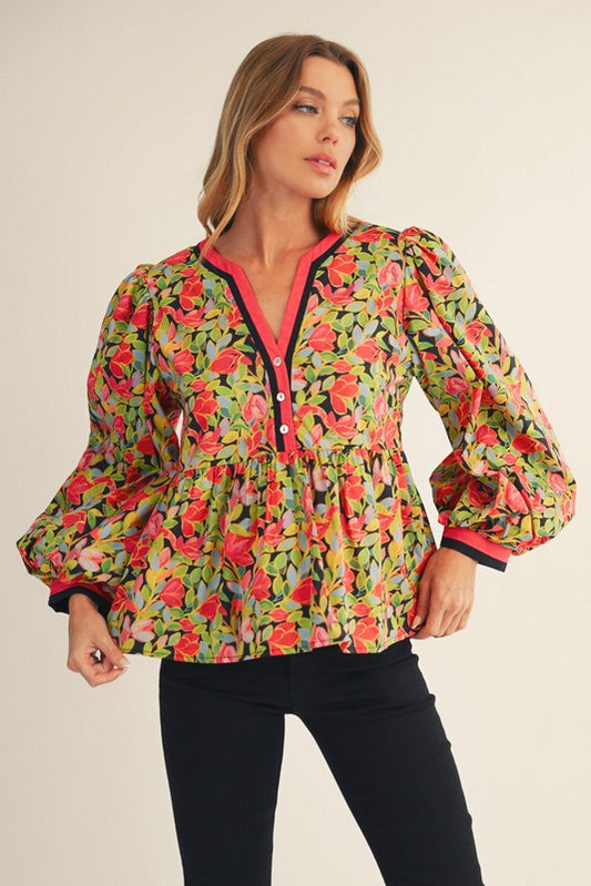 Front Button Up Floral Peplum Top