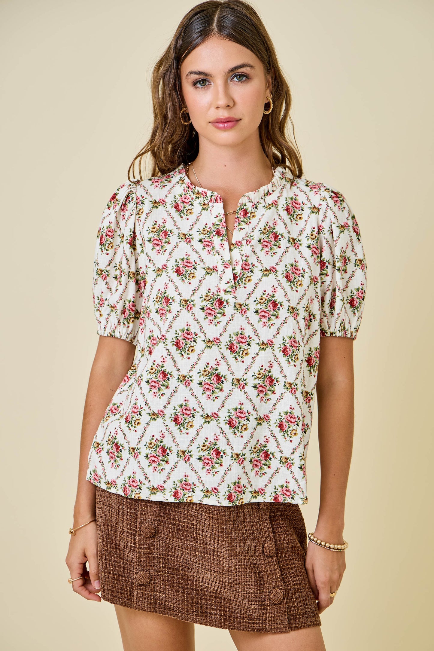 Floral Print V-Neck Puff Sleeve Blouse Top