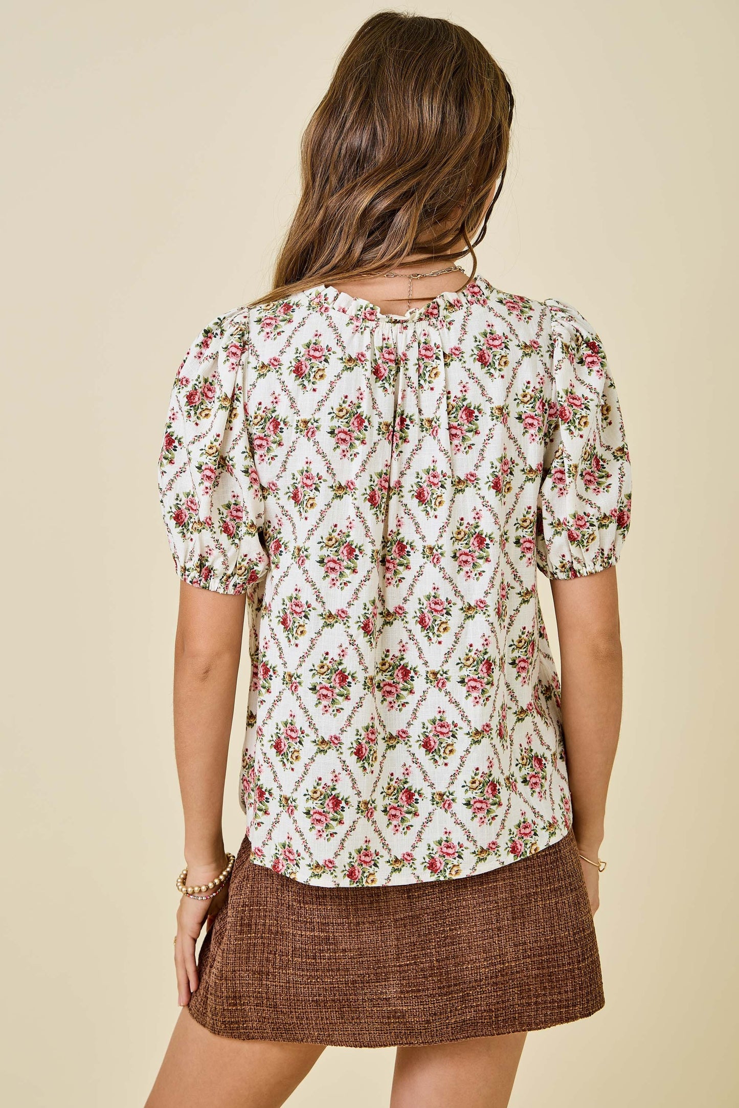 Floral Print V-Neck Puff Sleeve Blouse Top