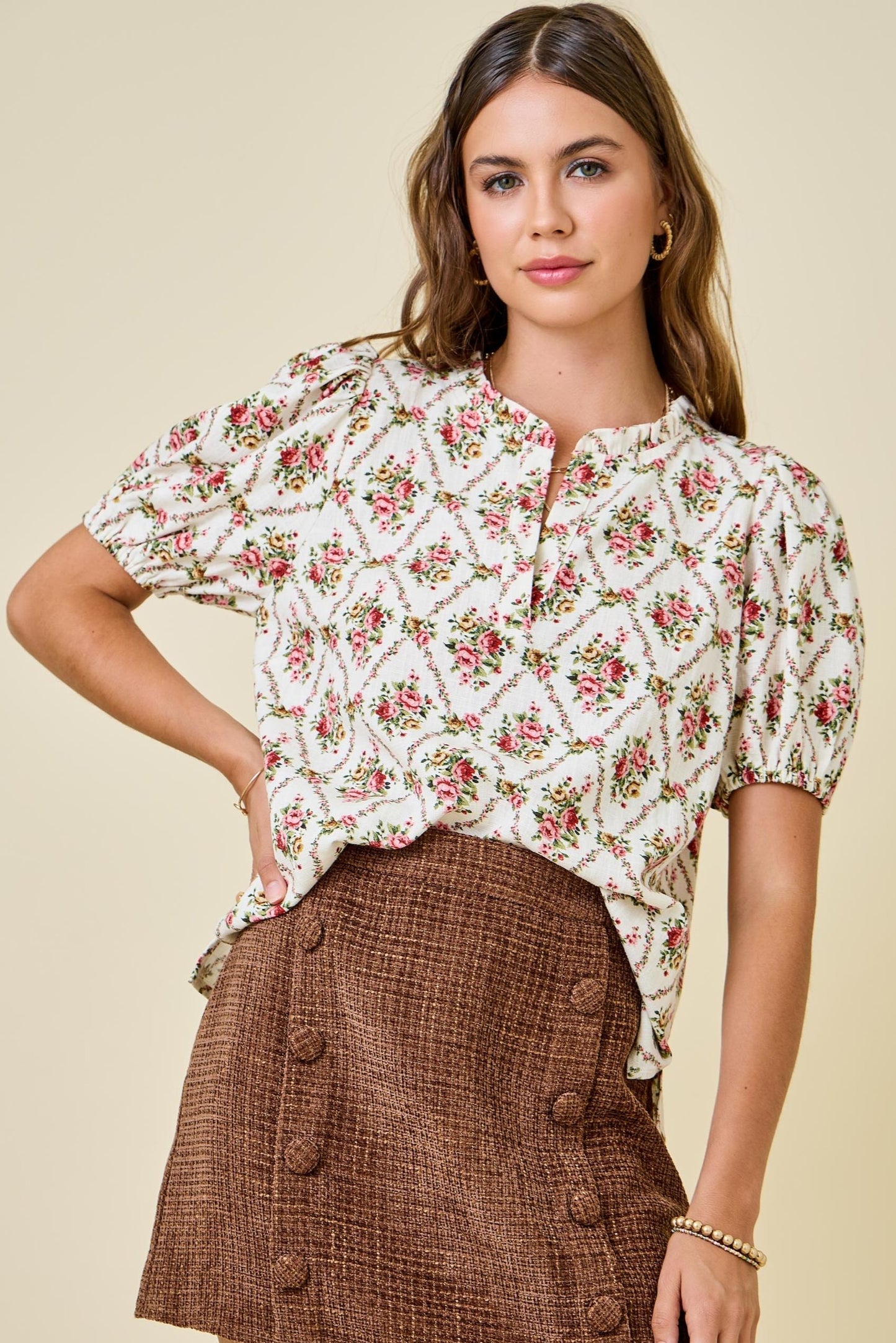 Floral Print V-Neck Puff Sleeve Blouse Top
