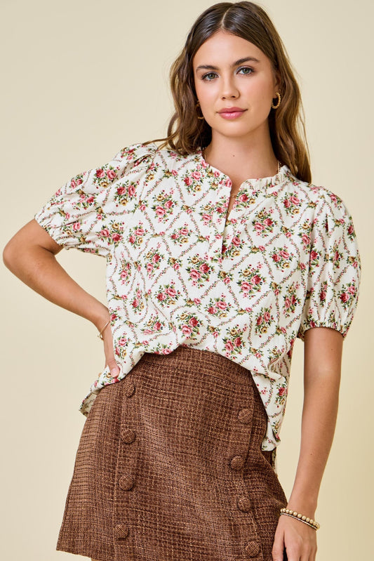 Floral Print V-Neck Puff Sleeve Blouse Top