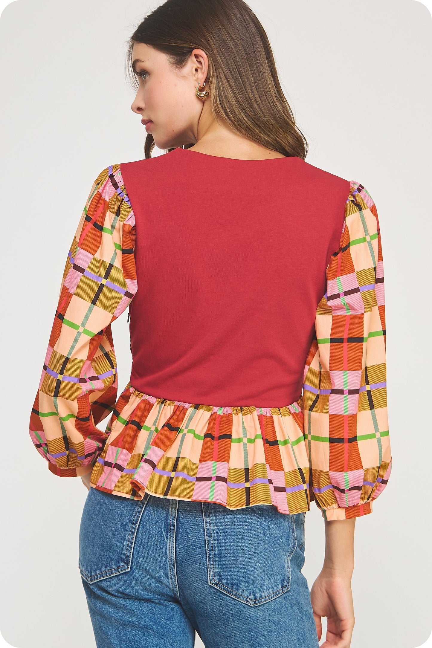 Plaid Mixed Media 3/4 Sleeve Knit Top
