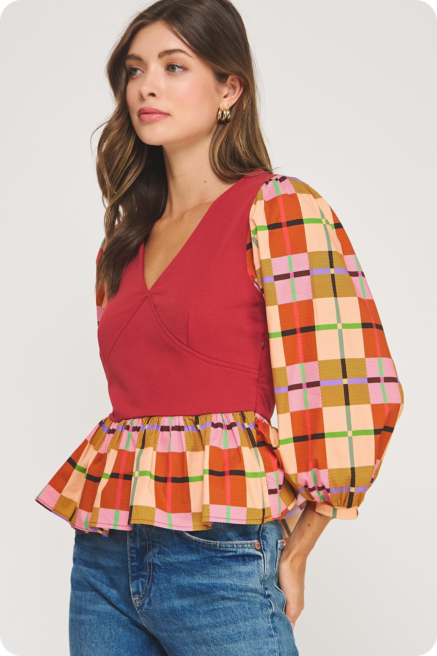 Plaid Mixed Media 3/4 Sleeve Knit Top
