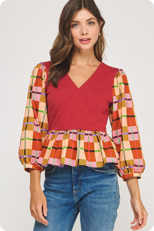 Plaid Mixed Media 3/4 Sleeve Knit Top