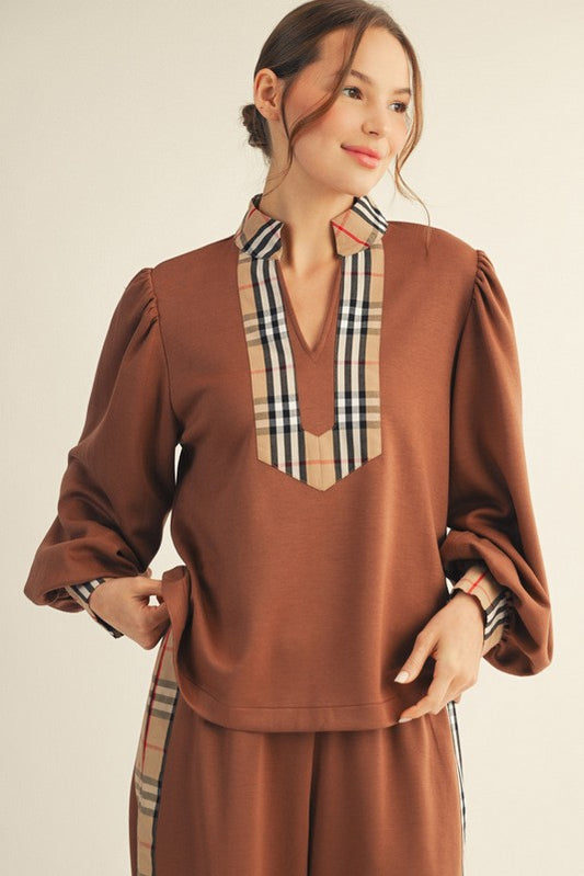 Plaid Contrast Mock Neck Solid Top