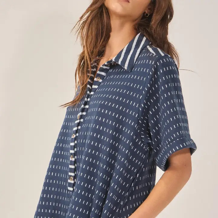 Dash Dot Print Fabric Collared Neck Romper