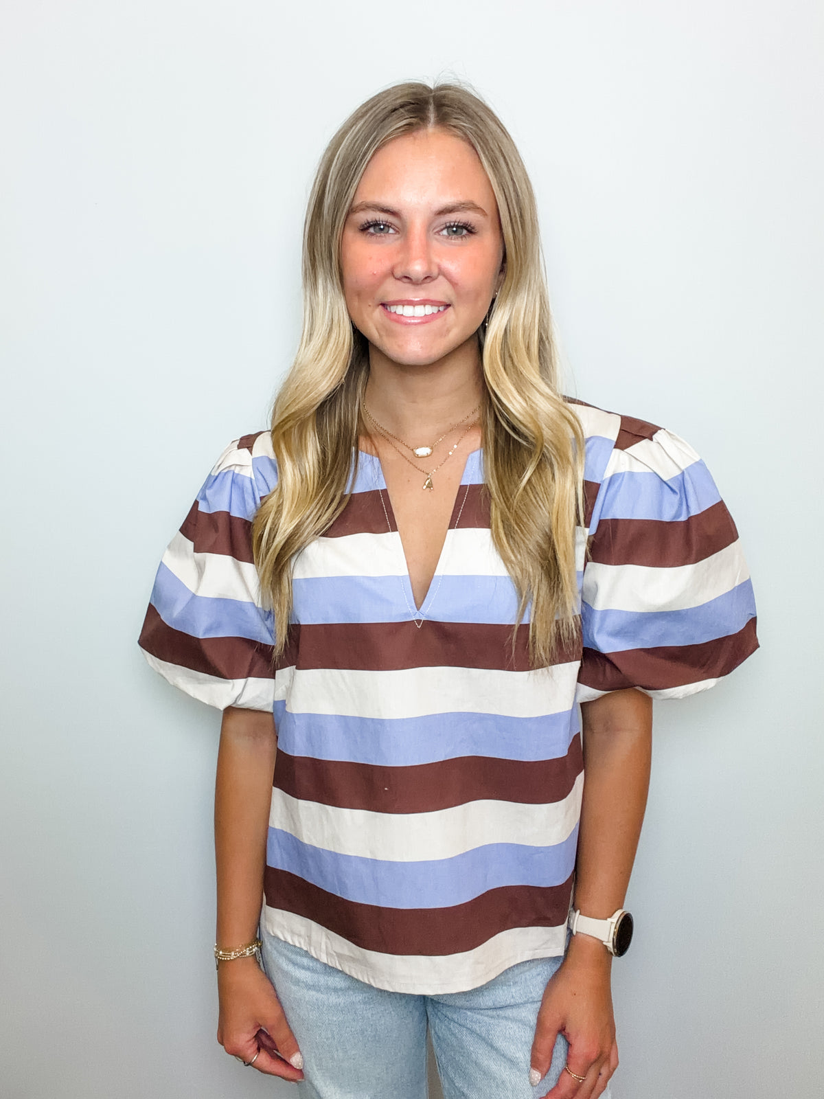 Stripe Short Puff Sleeve Top